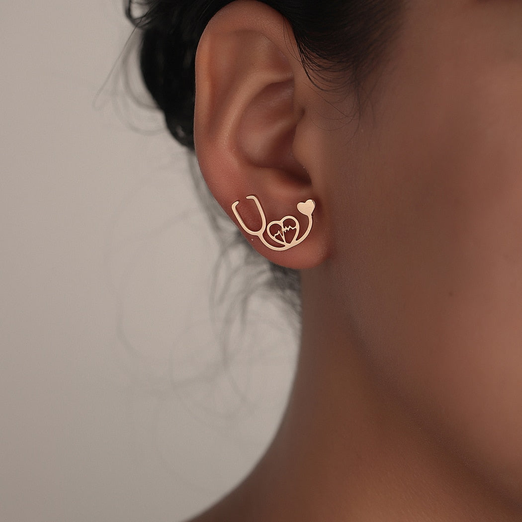 Boucles D'Oreilles Stéthoscope Infirmière En Acier Inoxydable - Bijou Cadeau Pour Professionnelle De Santé - Pochette Velours
