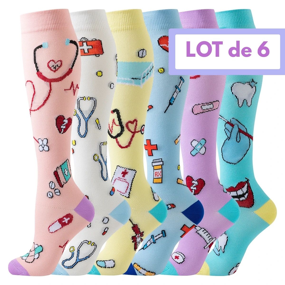 Lot de 6 chaussettes de compression fantaisie pastel avec motifs médicaux pour soignants.
